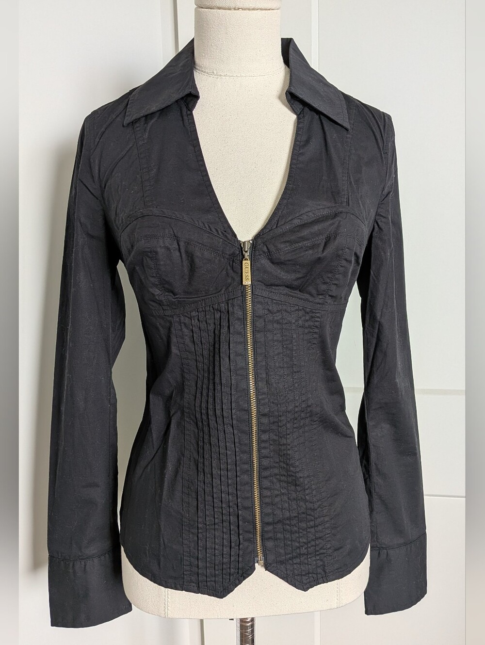 NWT GUESS Jet Black Lace Up Corset Back Bustier Zip Front Blouse Shirt S P